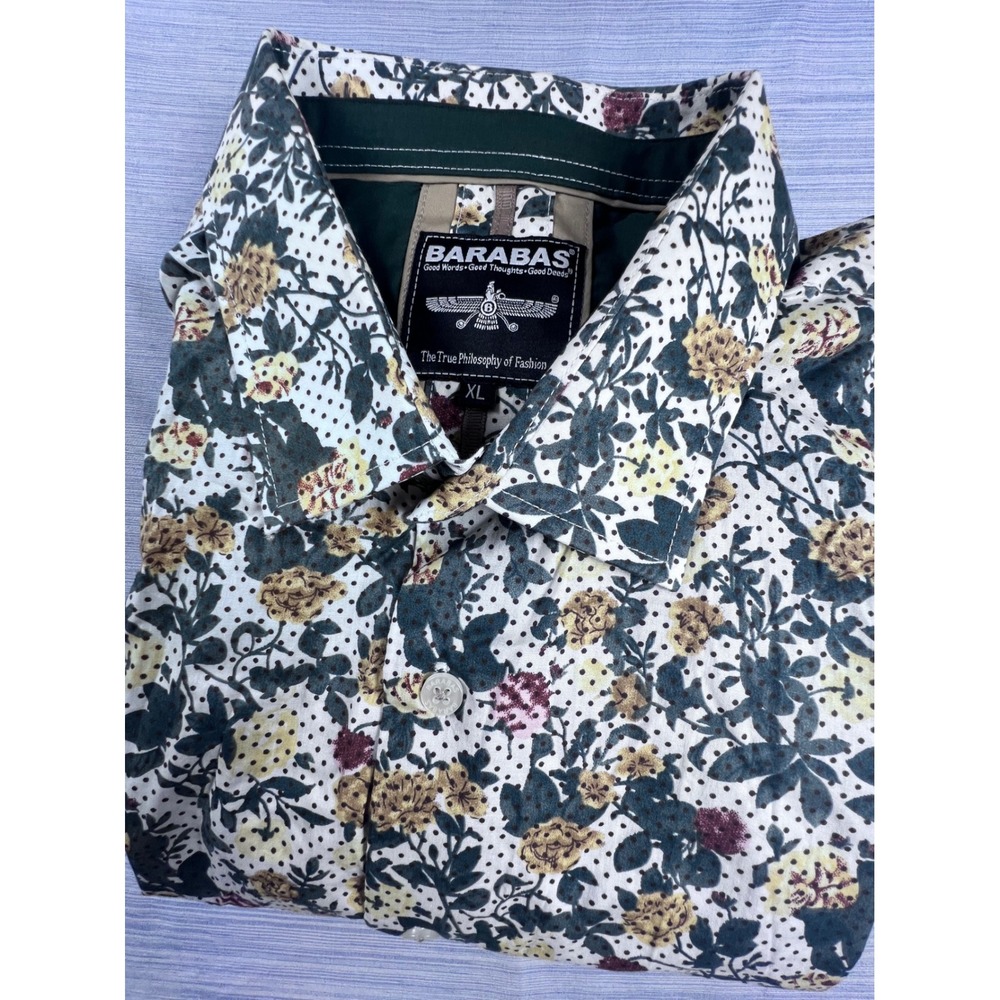 Barabas Mens XL Floral Polka Dot Button Down Shirt Long Sleeve White Green Gold